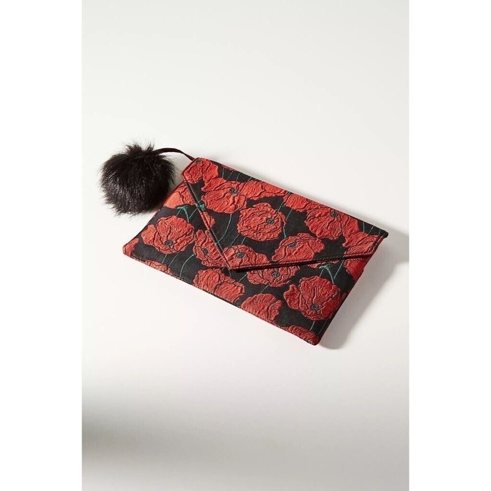 NWT!! Anthropologie MONSERAT DE LUCCA Floral Poppy Envelope Clutch Fur Pom Pom